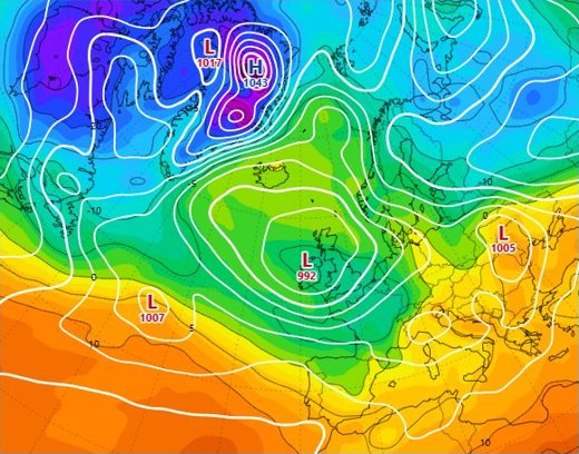 Temperature at 850 hPa after 10 days, Atlantic 10 degrees colder