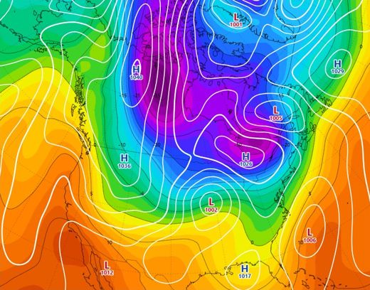 Weather map, polar vortex, January 2019