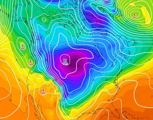 Temperature at 850 hPa over North America, 13 February 2021